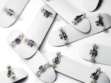 Bunch of blank white skateboards. 3d renderingの写真素材