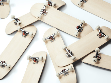 Bunch of blank wooden skateboards. 3d renderingの写真素材