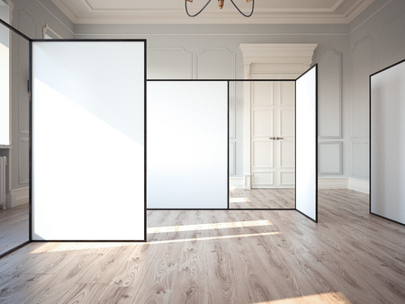 Bright exhibition hall in classic interior with blank walls. 3d rendering