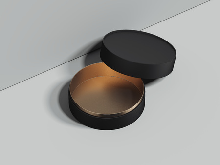 Black opened round box stands on grey floor. 3d renderingの写真素材