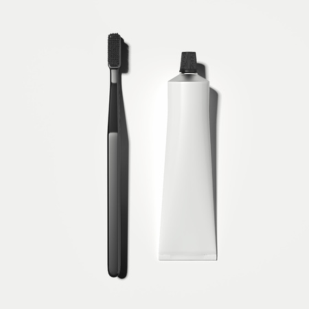 White toothpaste tube and black toothbrush on white background, 3d rendering