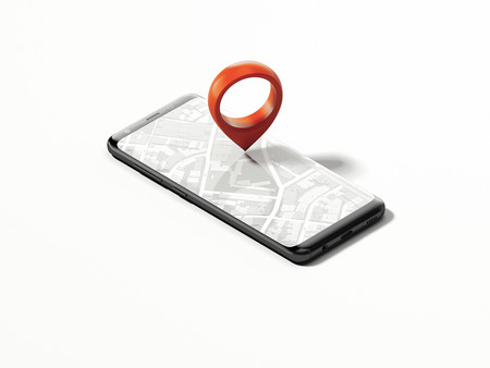 Black phone with opened map on screen and red geotag or map pin, 3d renderingの写真素材