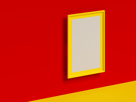 Realistic blank yellow frame on red background, 3d renderingの写真素材