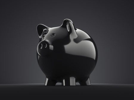 Black piggy bank on black background, side view. 3d rendering.の写真素材