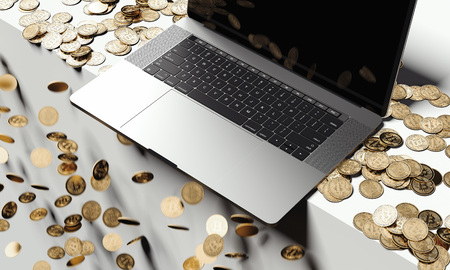 Cryptocurrency collapse. Laptop on falling bitcoins background, 3d renderingの写真素材
