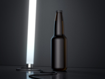 Beer glass bottle on black backround, 3d rendering.の写真素材