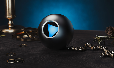Magic ball fortune teller on table and next to occult devices, 3d rendering.の写真素材