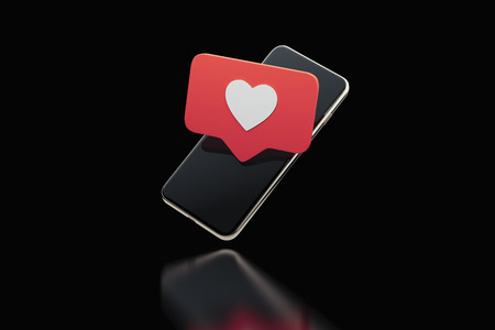 Red heart Like symbol on mobile phone. Social media concept. 3d rendering.