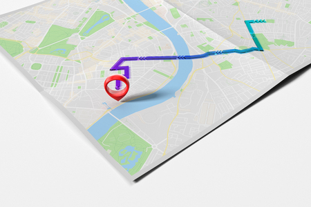 Red geotag or map pin on realistic map. 3d rendering.の写真素材