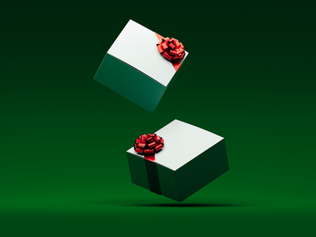 White cardboard boxes with red ribbons on green background. 3d rendering.