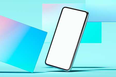 Mobile phone with blank screen on multicoloured background. 3d rendering.の写真素材