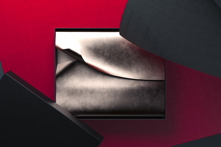 Black realistic open cardboard box golden paper sheet inside. 3d rendering.