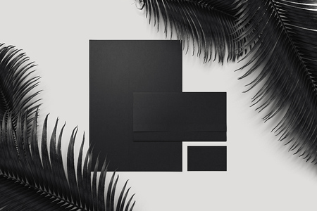Black business stationery mock-up with tropical flowers. 3D rendering.の写真素材