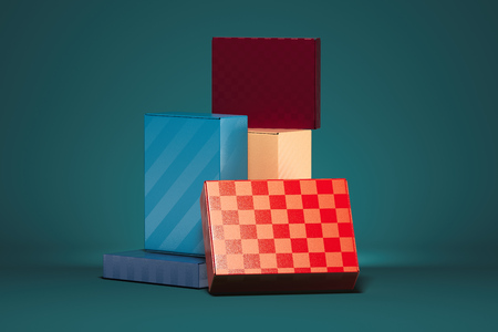 Blank multicolored realistic cardboard boxes on blue background. 3d rendering.