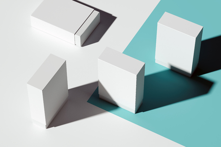 Isolated white realistic cardboard boxes on light blue background. 3d rendering.の写真素材