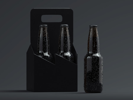 Dark beer glass bottles with droplets on black backround, 3d rendering.の写真素材