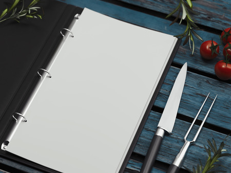 Menu with blank paper sheets with utensils on wooden background. 3d rendering.の写真素材