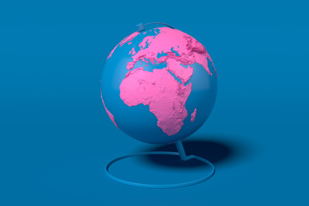 Earth globe with pink continents isolated on blue background. 3d rendering.の写真素材