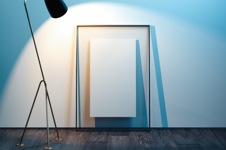 Transparent photo frame with blank poster next to light walls, 3d rendering.の写真素材