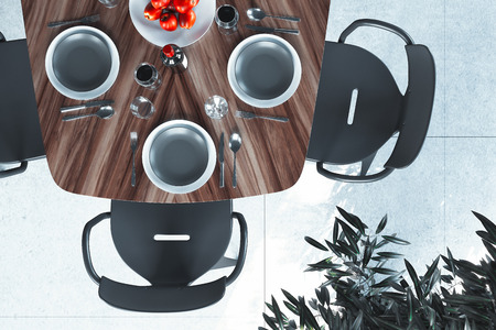 Modern cafe or restaurant with dark chairs and wooden table, 3d rendering.の写真素材