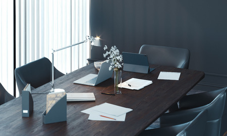 Stylish conference room interior with big window and wooden table. 3d rendering.
