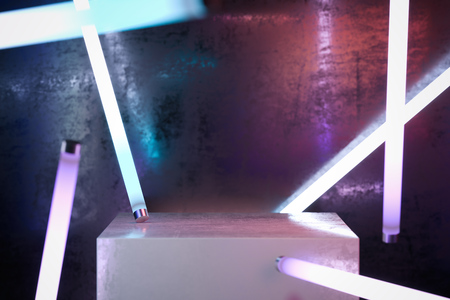 Showcase on neon illuminated abstract background with lamps. 3d rendering.の写真素材