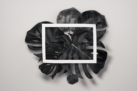 Black tropical flowers and empty frame on white background. 3D rendering.