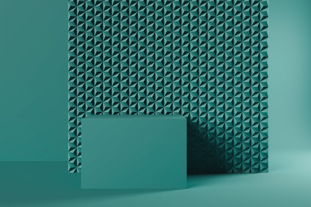 Modern Showcase with empty space on pedestal on green geometric background. 3d rendering. Minimalism...