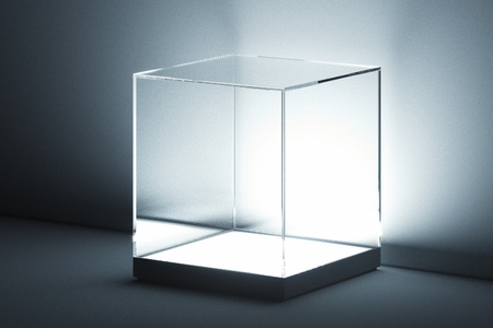 Modern Illuminated Showcase with glass and empty space on pedestal isolated on white background. 3d...