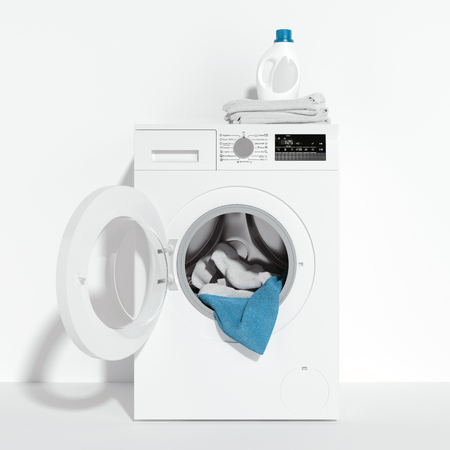 Realistic white washing machine, laundry detergent and dirty clothes inside isolated on white background. 3d rendering.の写真素材