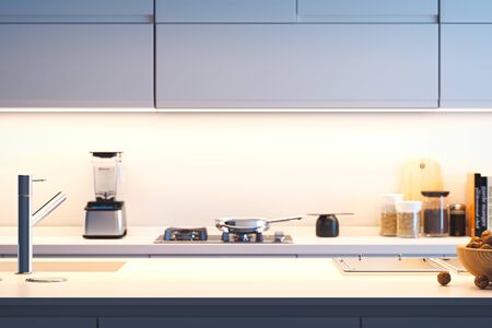 Interior of bright modern stylish kitchen with empty space on table. 3d rendering.の写真素材