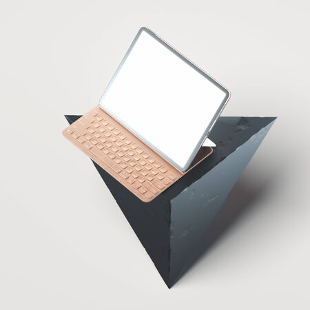 Modern blank tablet on geometric triangle stone figure. 3d rendering.の写真素材