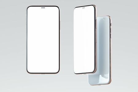 White Mobile phones with blank screens isolated on white background. 3d rendering.の写真素材