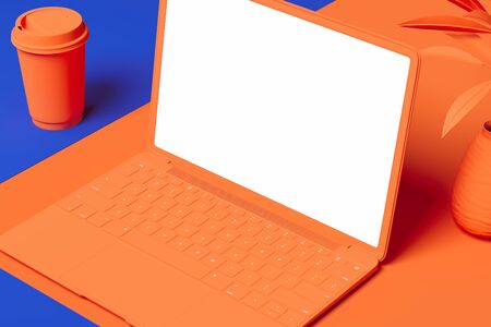 Orange laptop with white blank screen isolated on orange and blue background. 3d rendering.の写真素材