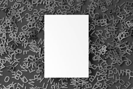 Blank white paper sheet on pile of realistic grey letters isolated on black baclground. 3d rendering.の写真素材