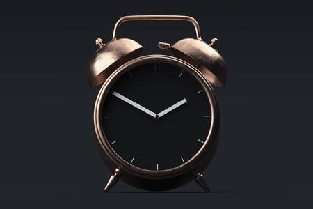 Golden realistic alarm clock isolated on black background. 3d rendering.