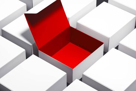Blank white realistic cardboard boxes and one box is opened and red inside. 3d rendering.の写真素材