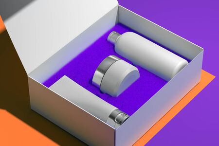 Cosmetic Bottle Set in present box. Beauty product package, blank templates of plastic containers. 3d rendering.の写真素材