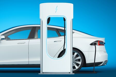 Electric white modern car near Electric car charging station. power supply plugged into an vehicle. 3d rendering.の写真素材