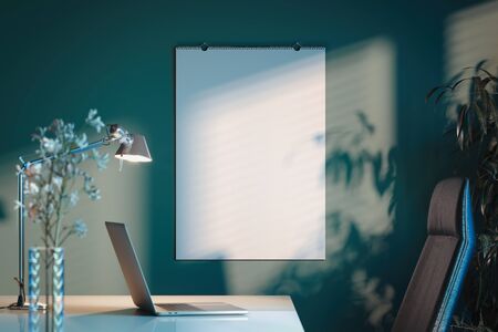Blank white poster calendar in bright modern office. 3d rendering. Empty space.の写真素材