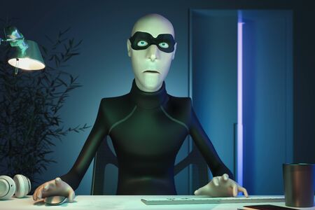 Character Hacker John Scammer in mask using PC committing online theft staying in his office . Front...