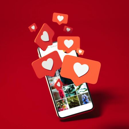 Red heart Like symbols on mobile phone screen. Social media concept. Dating and meeting app, 3d renderingの写真素材