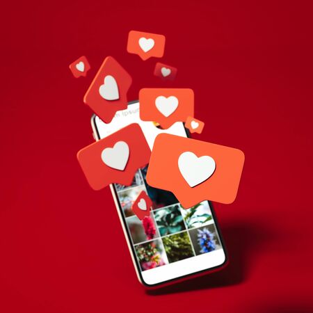 Red heart Like symbols on mobile phone screen. Social media concept. Dating and meeting app, 3d rendering