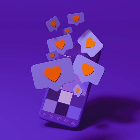 Red heart Like symbols on violet mobile phone screen. Social media concept. Dating and meeting app, 3d renderingの写真素材