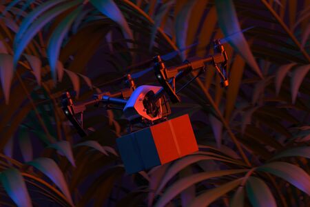 Drone quadcopter delivering package via air flying near tropic plants illuminated with neon lights. 3d renderingの写真素材