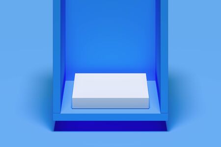 Modern Showcase with empty space on pedestal on blue background. 3d rendering. Minimalism conceptの写真素材