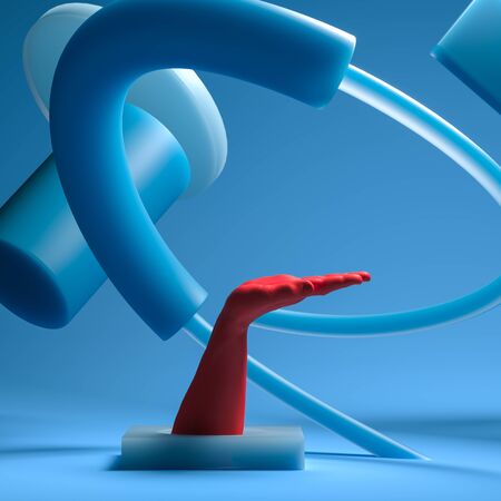 Realistic red human hand with empty space as showcase isolated on blue abstract background. 3d renderingの写真素材