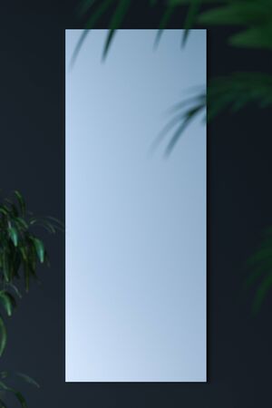 Green tropical flowers and blank poster with empty space on black background . 3D rendering.の写真素材