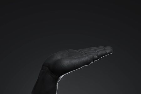 Realistic human hand with empty space as showcase isolated on black background. 3d rendering