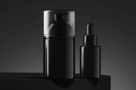 Cosmetic dispenser for cream, gel, lotion and dropper for oil. Beauty product package, black container. 3d rendering.の写真素材